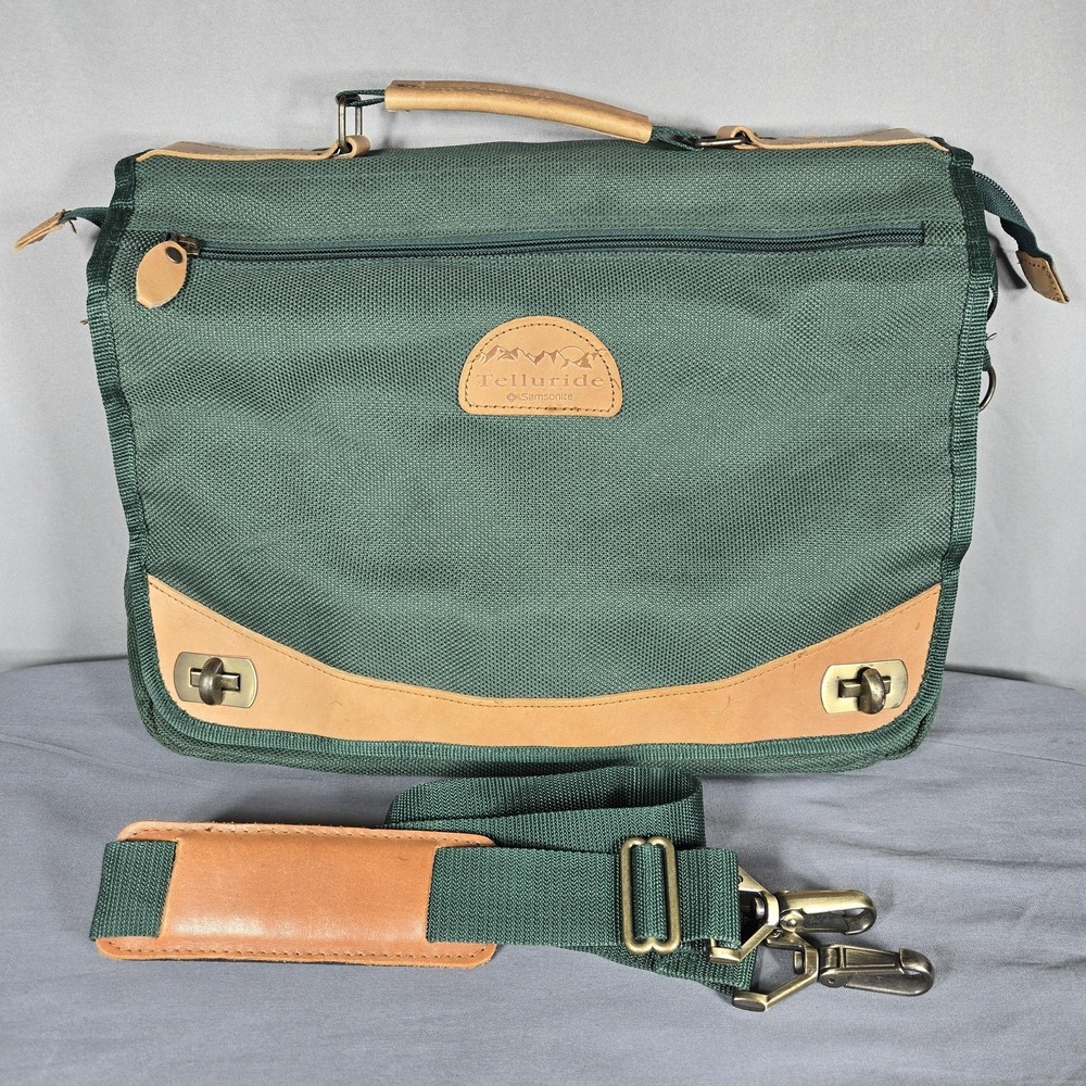 Vintage Samsonite Telluride Green Canvas Messenger Bag Leather Laptop Briefcase